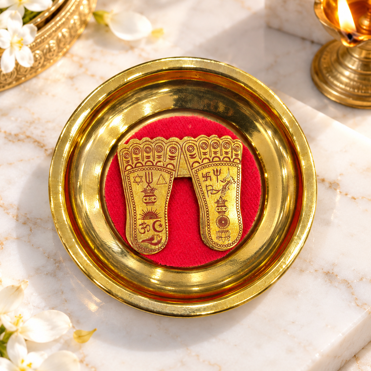 Brass Maa Laxmi Paduka with Red Base | Engraved Goddess Lakshmi Footprints in Golden Finish Plate for Puja, Diwali and Home Temple Décor 2.5 X 2.5 INCH - Image 8