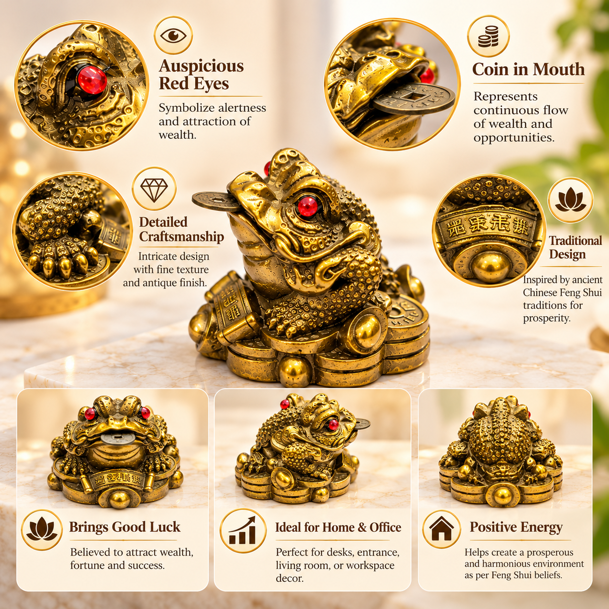 Feng Shui Money Frog with Coin in Mouth | Gold-Tone Three-Legged Toad Figurine with Red Eyes for Home, Office & Traditional Feng Shui Décor - Image 4