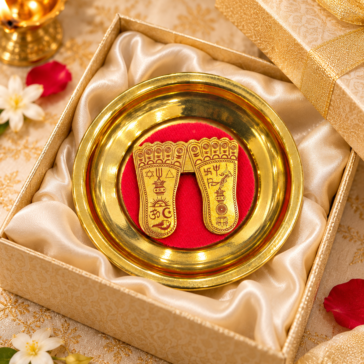 Brass Maa Laxmi Paduka with Red Base | Engraved Goddess Lakshmi Footprints in Golden Finish Plate for Puja, Diwali and Home Temple Décor 2.5 X 2.5 INCH - Image 9